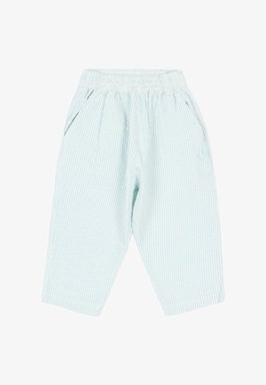 Pantalones sueltos de rayas azul claro y blanco con cinturilla elástica y bolsillos laterales, diseñados para la comodidad y el uso informal.