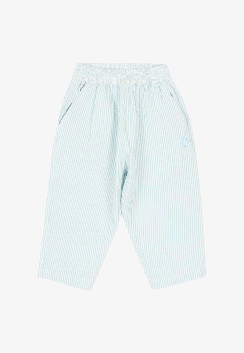 Pantalon ample rayé bleu clair et blanc avec taille élastique et poches latérales, conçu pour le confort et un port décontracté.