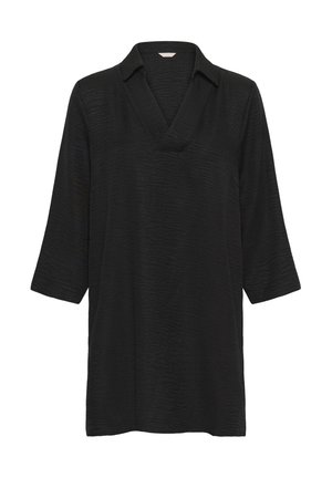 Zwarte tuniek met lange mouwen en een diepe V-hals, met een geraffineerde textuur en een losse pasvorm, getoond op een witte achtergrond.