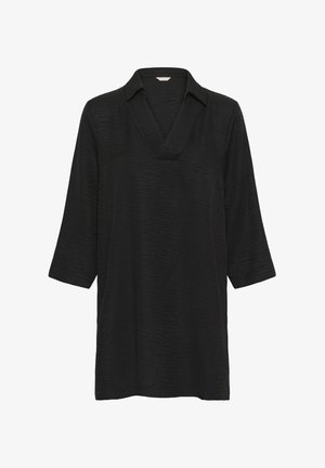 Schwarze, strukturierte Tunika mit langen Ärmeln, tiefem V-Kragen und lockerem Schnitt, auf weißem Hintergrund dargestellt.
