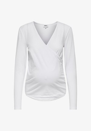 Top de maternidade branco de mangas compridas com decote em V e design cruzado, feito de tecido elástico e macio, com detalhes franzidos nas laterais.