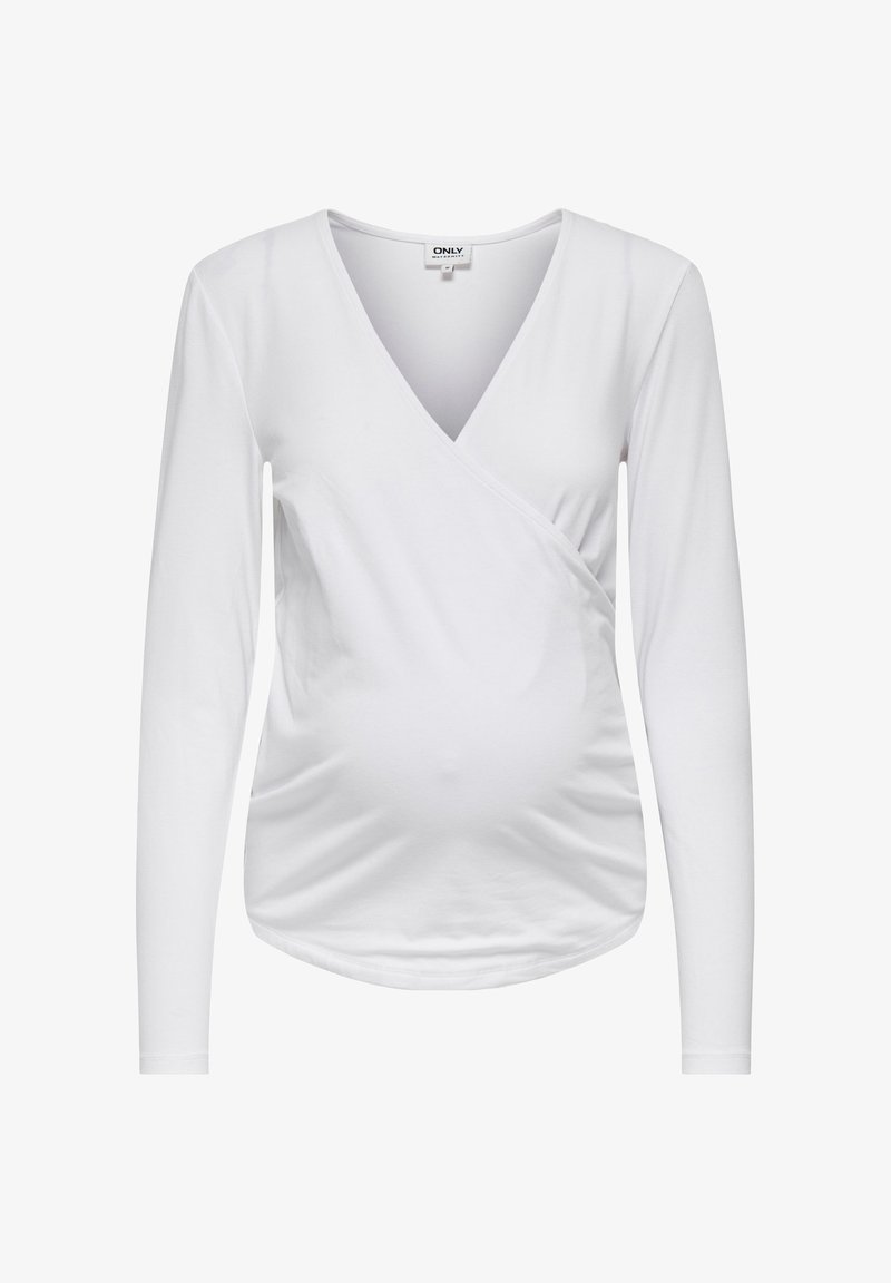 White long-sleeve maternity top with a V-neck and crossover design, made of soft stretch fabric, featuring gathered accents at the sides.