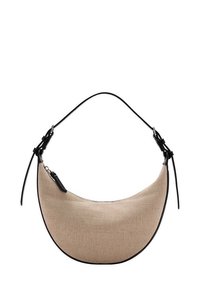 Sac à épaule en tissu beige avec une forme incurvée, des accents en cuir noir et une fermeture éclair. Dispose d'une fine bandoulière ajustable.