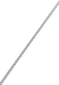 Sølv kuglekæde med jævnt fordelte, runde metalperler, der er forbundet i en kontinuerlig linje, hvilket giver en glat metallisk finish.