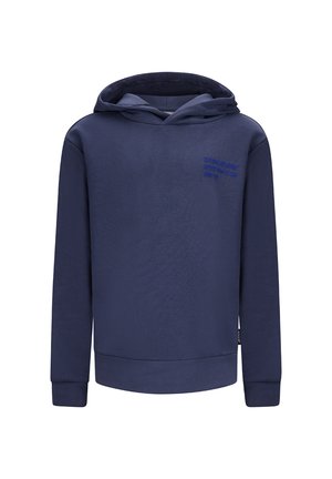 Marineblauwe hoodie gemaakt van zacht katoen, met een kangoeroezak, ribgebreide manchetten en een minimalistische geborduurde tekstdetail op de borst.
