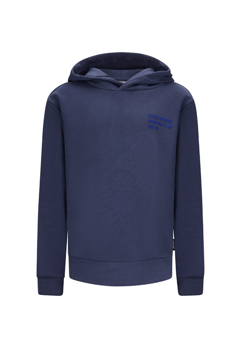 Felpa blu navy realizzata in morbido cotone, con tasca a marsupio, polsini a costine e una minimalista scritta ricamata sul petto.