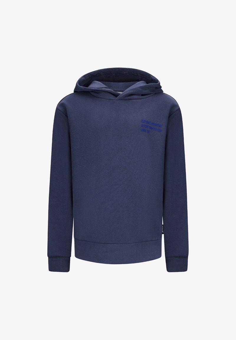 Marineblauwe hoodie gemaakt van zacht katoen, met een kangoeroezak, ribgebreide manchetten en een minimalistische geborduurde tekstdetail op de borst.