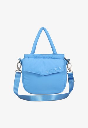 Niebieska pikowana torba na ramię z klapką, z logo z przodu, podwójnymi uchwytami i odpinanym paskiem. Miękka tekstura o gładkim wykończeniu.