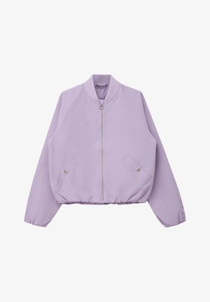 Lichtpaarse bomberjack met ritssluiting aan de voorkant, twee zakken met drukknopen, elastische manchetten en elastische zoom.