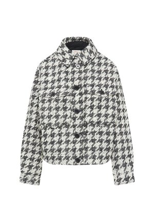 Zwart-wit houndstooth-gepatenteerde jas met een kraag, voorknoopsluiting en twee borstzakken. Textiel met structuur, cropped fit.