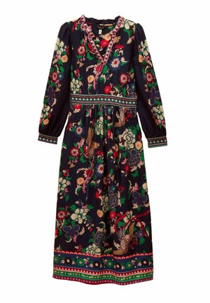 Long dark blue dress with long sleeves, floral and bird pattern in red, green, beige, and blue, decorative borders on neckline, waist, and hem.