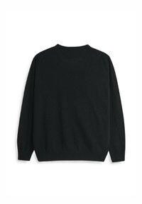 Maglione nero in lana, scollo rotondo, maniche lunghe, polsini e orlo a coste, texture morbida, design minimalista, senza motivi o decorazioni.