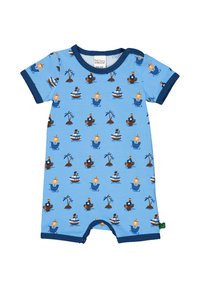 Modrý overal s krátkým rukávem, který m á opakující se námořnický vzor s loděmi, palmami a hravými postavičkami. Kontrastní námořnický lem.