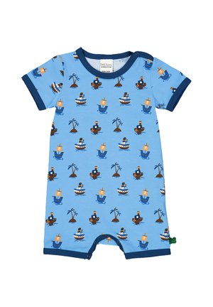 Romper blu a maniche corte con un motivo nautico ripetuto che presenta barche, palme e personaggi giocosi. Rifiniture in contrasto navy.
