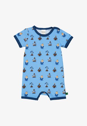 Korte mouwen blauwe romper met een herhalend nautisch patroon van boten, palmbomen en speelse figuren. Contrasterende marineblauwe afwerking.
