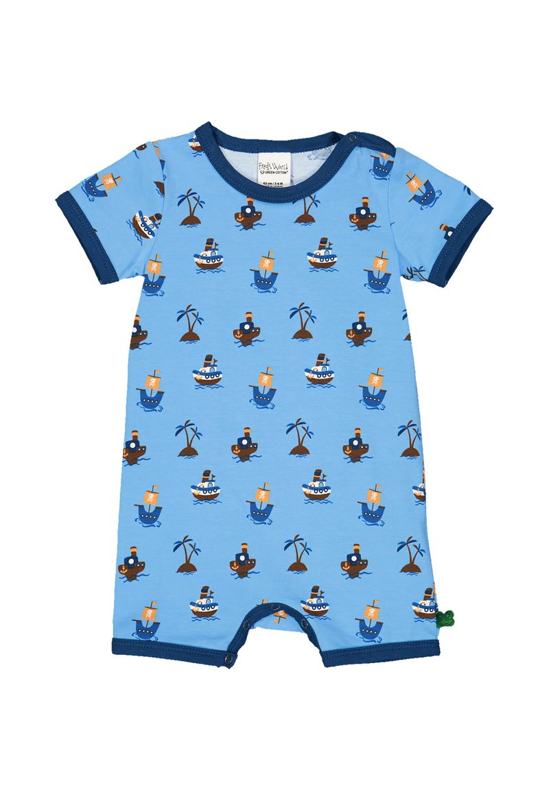 Modrý overal s krátkým rukávem, který má opakující se námořnický vzor s loděmi, palmami a hravými postavičkami. Kontrastní námořnický lem.