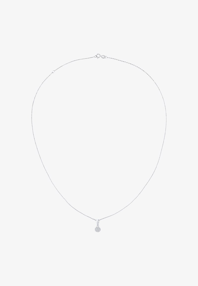 Sølv kædedyse med en rund, struktureret vedhæng, der har små funkende accenter, glat overflade og en spænde lukning.