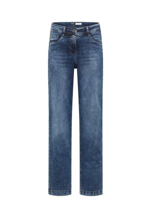 Jeans a gamba dritta in denim blu scuro. Presentano due tasche frontali e un'apertura con bottone. Il tessuto ha una consistenza liscia e aree sbiadite.