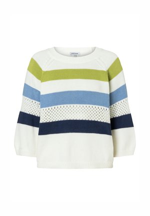 White knit sweater with wide horizontal stripes in green, blue, and navy, featuring a round neckline and 3/4 length sleeves.