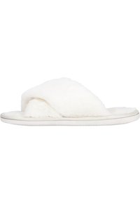 Vita fluffiga tofflor med öppen tå och mjuk textur, med en tjock, vadderad ovandel och en gummisula för komfort och grepp.