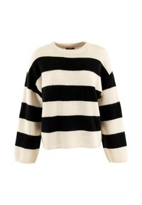 Maglione a righe nero e crema con scollatura a girocollo, maniche lunghe e un tessuto morbido e texturizzato. Presenta righe alternate di colori audaci.
