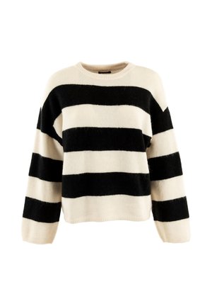 Suéter a rayas negro y crema con cuello redondo, mangas largas y una tela suave y texturizada. Presenta rayas alternantes en negrita.