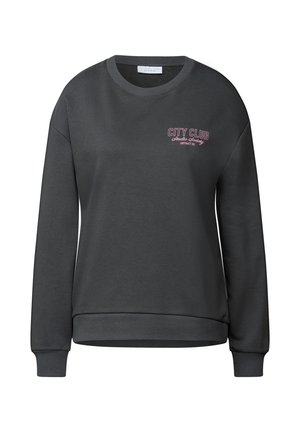 Donkergrijs sweatshirt met ronde hals, lange mouwen, ribgebreide manchetten en onderrand. Heeft "CITY CLUB" in het roze geborduurd op de voorkant.