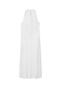 Abito bianco senza maniche con scollo alto, tessuto morbido, silhouette A-line semplice e apertura a chiave sul retro con una piccola cerniera.