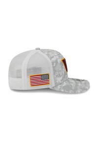 Gray camouflage cap with white mesh back, featuring an embroidered U.S. flag patch and a yellow 'V' logo on the front. Flat brim design.