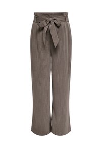 Καφέ παντελόνι με φαρδιά γραμμή και ζώνη δέσιμο στη μέση, με υφή υφάσματος και πιέτες για επιπλέον λεπτομέρεια.