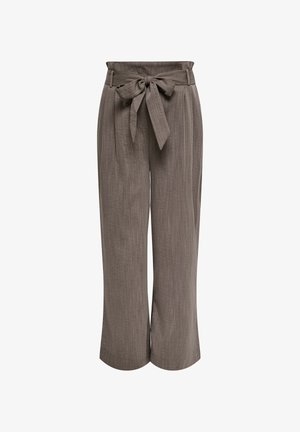 Pantaloni marroni a gamba larga con cintura annodata in vita, realizzati in tessuto strutturato con pieghe per un dettaglio in più.