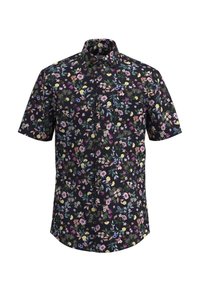 Korte mouwen shirt gemaakt van lichte stof, met een donkere achtergrond en een kleurrijk bloemenpatroon, knoopsluiting en een kraag.