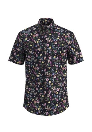 Korte mouwen shirt gemaakt van lichte stof, met een donkere achtergrond en een kleurrijk bloemenpatroon, knoopsluiting en een kraag.
