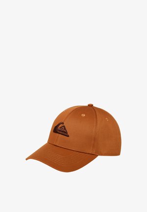 Brown cotton baseball cap with a curved brim, featuring a dark brown embroidered logo on the front and contrasting stitching details.