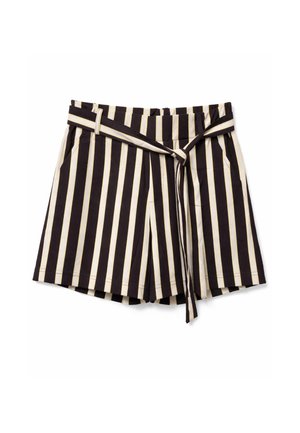 Zwarte en beige verticale gestreepte shorts met hoge taille en een bijpassende stoffen riem, vooraan geknoopt.