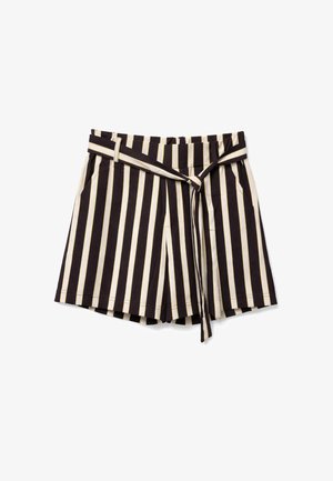 Zwarte en beige verticale gestreepte shorts met hoge taille en een bijpassende stoffen riem, vooraan geknoopt.