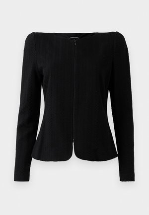 Black long-sleeve textured jacket with a front zipper and slightly flared hem, displayed against a white background.