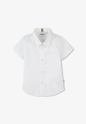 Witte kortärmige shirt van katoen, met een klassieke kraag, knoopsluiting aan de voorkant en subtiele geborduurde "BOSS" logo op de borst.