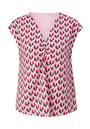 Koszulka z krótkim rękawem w jasnoróżowym kolorze z czarno-różowym wzorem piór, z dekoltem w kształcie litery V i skręconym detalem w przedniej części.