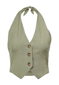 Oliwkowy top na szyję z głębokim dekoltem w kształcie litery V, z trzema okrągłymi brązowymi guzikami, dopasowaną górą i związanym paskiem na szyję.