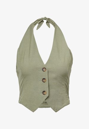 Olive green halter top with a deep V-neck, featuring three round brown buttons, a fitted bodice, and a knotted neck tie.