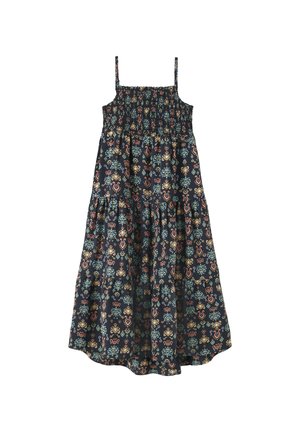 Schwarzes ärmelloses Kleid mit gerafftem Oberteil, mehrlagigem Rock und bunten geometrischen sowie floralen Mustern in Rot, Gelb und Blau.