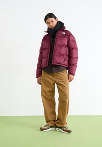 Vinröd puffjacka med hög krage, bruna välourbyxor och gröna/bruna sneakers. Modellen står på en ljusgrön yta.