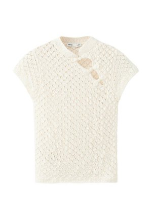 Top de punto blanco de manga corta con patrón de calado en forma de diamante y tres lazos de tela a lo largo del escote recortado.