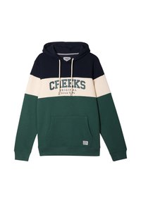 Felpa con cappuccio a blocchi di colore blu navy, crema e verde, tasca a marsupio frontale, coulisse, e testo "CREEKS ORIGINAL Dal 1974".