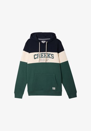 Hoodie met marineblauwe, crèmekleurige en groene kleurblokken, een voorzak, koordjes en de tekst "CREEKS ORIGINAL Sinds 1974".