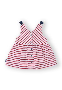 Vestido de rayas rojas y blancas con falda acampanada, tirantes azul marino y cierre de botones en la parte delantera. Hecho de algodón; cuenta con cintura fruncida.