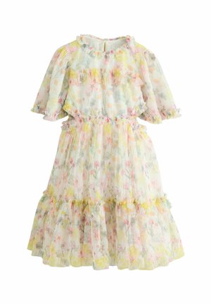 Florales Kleid aus weißem, transparentem Stoff mit pastellfarbenen Blumen, gerafften Ärmeln, tailliertem Bund und abgestuftem Rüschensaum.