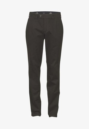 Zwarte katoenen twill broek met een klassieke snit, voorzakken en een knoopsluiting. Gladde textuur met minimale stikdetails.