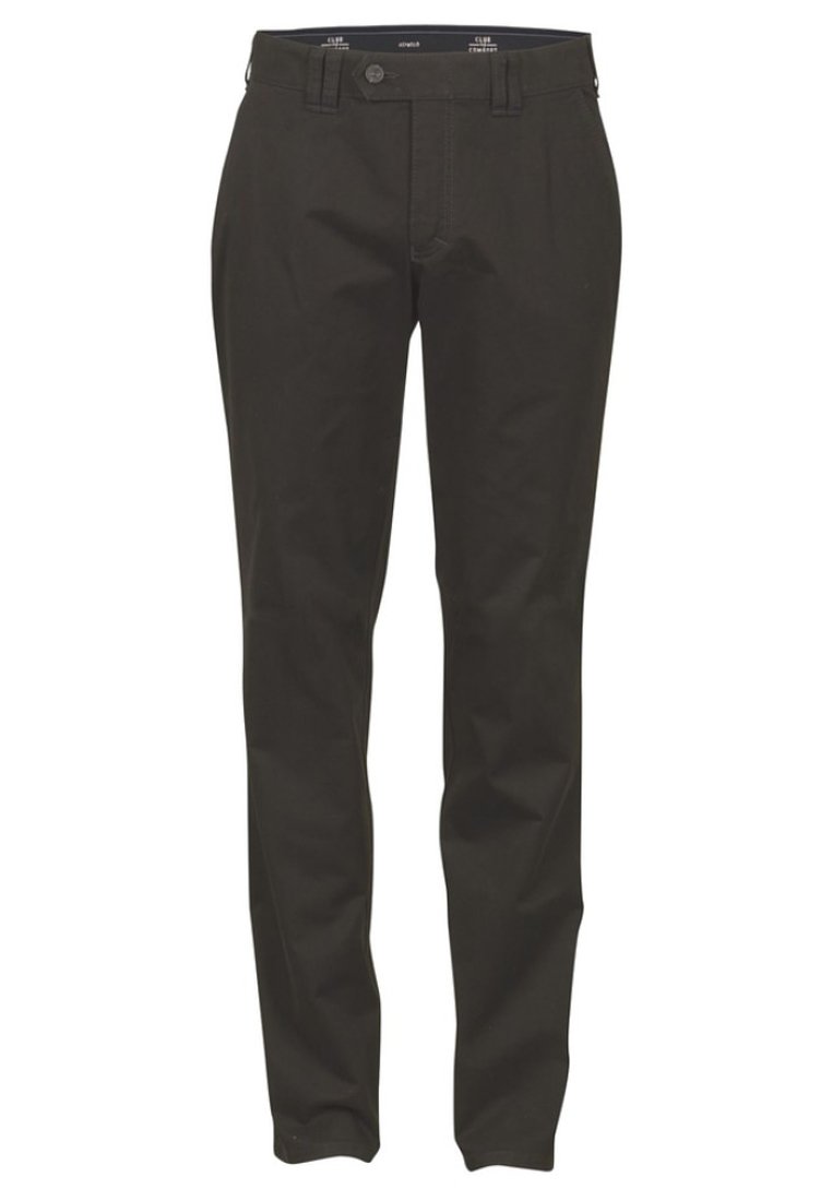 Zwarte katoenen twill broek met een klassieke snit, voorzakken en een knoopsluiting. Gladde textuur met minimale stikdetails.